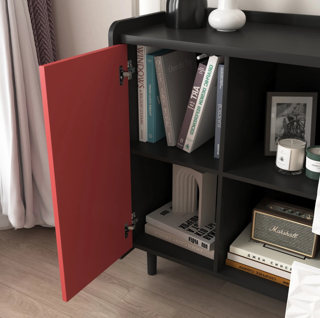 Credenza sideboard in MDF nero e rosso 90x40x80 cm con 2 cassetti e vano aperto