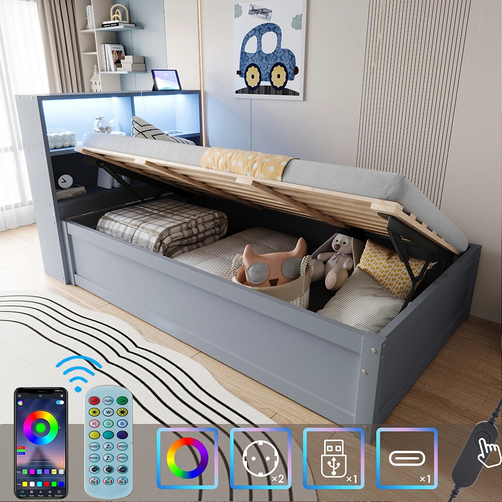 Divano letto-Xylo-90x200 cm-LED, multipresa, legno grigio