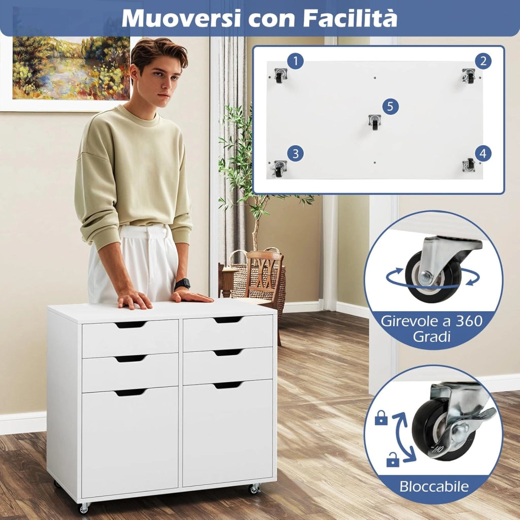 Cassettiera da Ufficio con 4 Cassetti e 2 Ante, Armadietto da Studio in Legno con 5 Ruote Universali, Mobile Porta Stampante Salvaspazio, per Soggiorno, 73 x 40 x 64,5 cm, Bianco (Bianco)