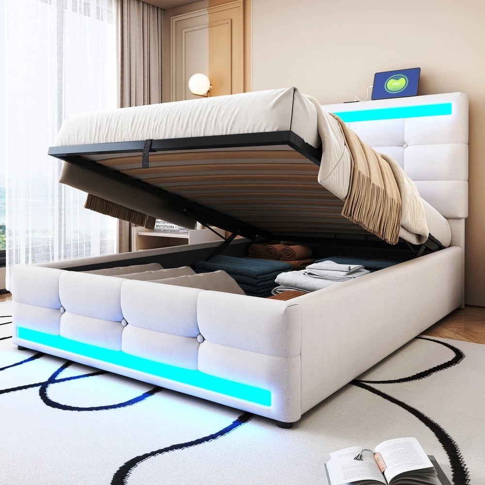 Letto Singolo Contenitore Imbottito 90x200 con LED e USB ¨C MINIMAL ¨C Beige