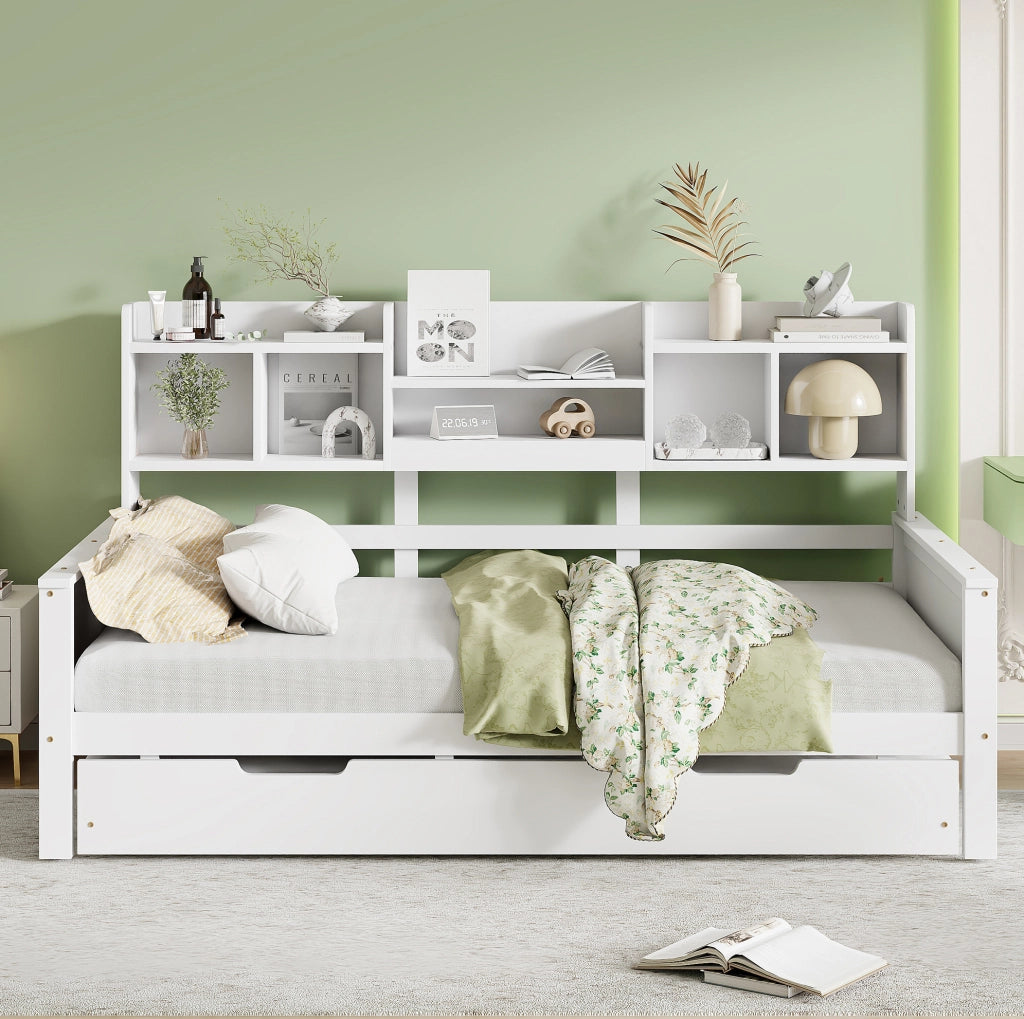 Divano letto multifunzione estraibile 90x200 cm con vano portaoggetti; bianco