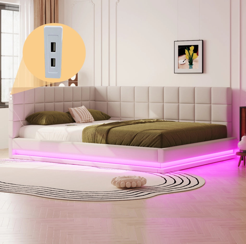 Divano letto imbottito 160x200 cm in tessuto effetto lino beige con LED e USB