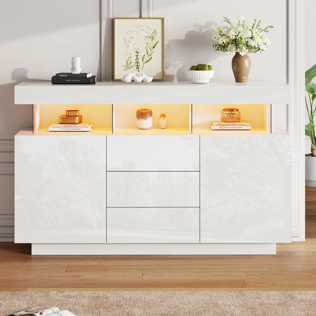 Mobile TV moderno - Zephmum- 140x35x80cm- Bianco- Lucido, bar caff¨¨, striscia LED 16 colori