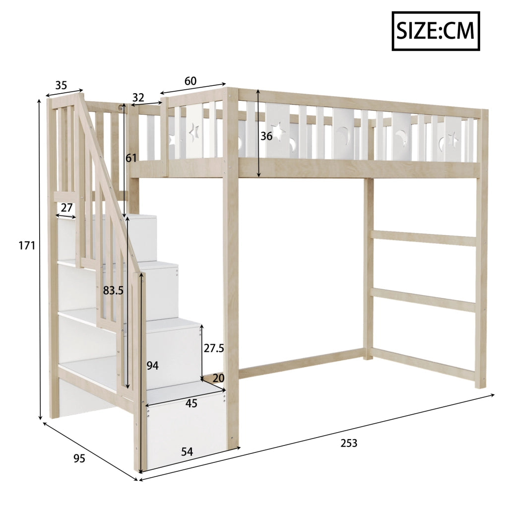 Letto a soppalco 90x200 cm con scala; ripiani e decori luna e stelle in legno naturale e bianco