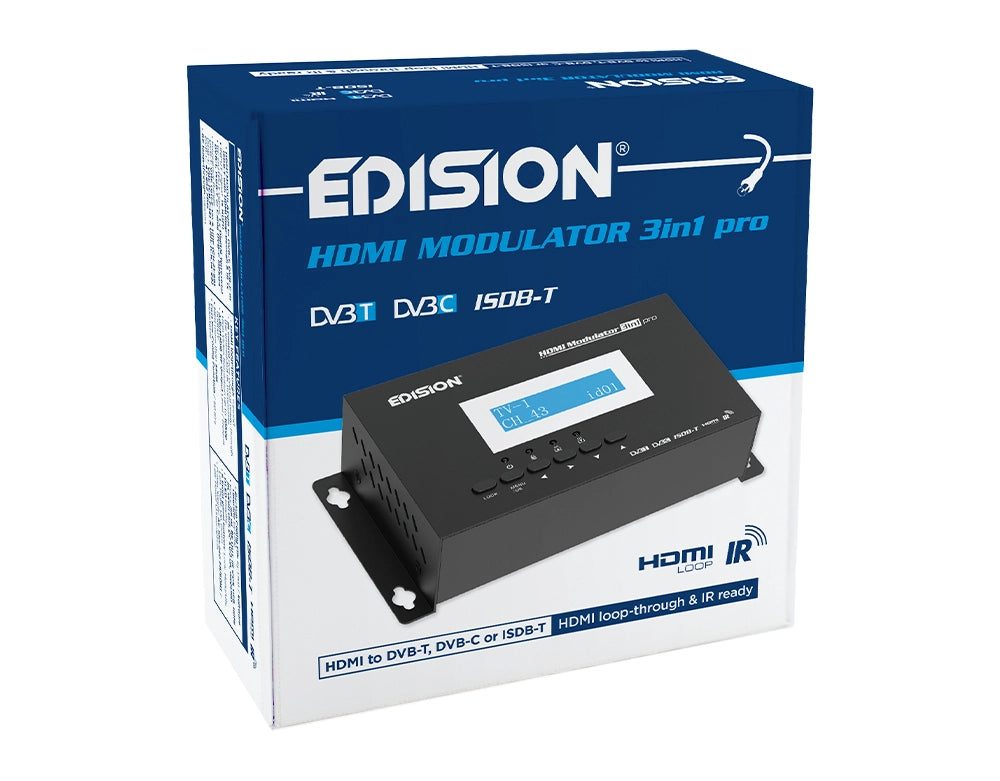 Modulatore HDMI a Terrestre DVB-T ISDB-T o Cavo DVB-C  Distribuzione Full HD su Cavo Coassiale, HDMI-Loop, RF IN, Display LCD  Installazione Rapida, Plug & Play