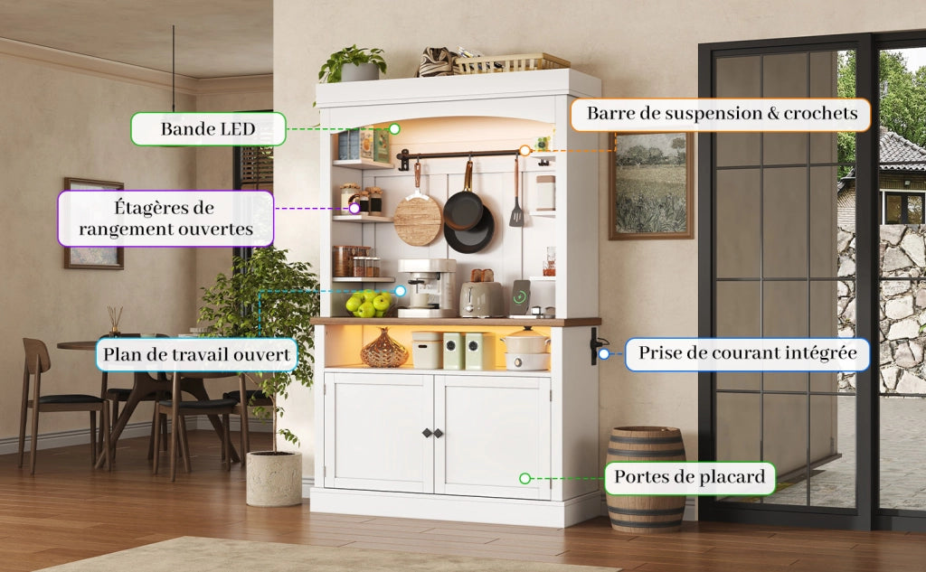 Credenza alta ad arco con illuminazione LED RGB, prese integrate e vani portaoggetti, 106 x 43 x 183 cm, bianca