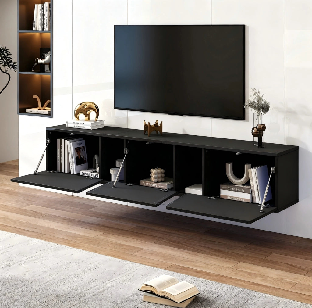 Mobile TV sospeso 180x35x30 cm con LED controllate da app; 3 ante ribaltabili; in truciolare; nero