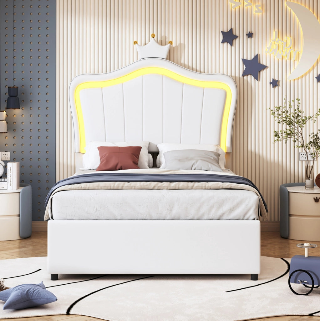 Letto imbottito per bambini 90x200 cm con LED; contenitore idraulico; testiera a conchiglia bianca