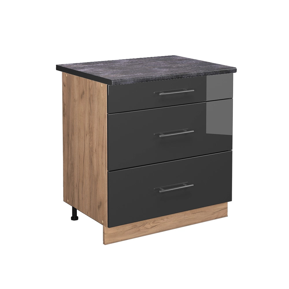 Mobiletto base per cucina Fame-Line Antracite lucido/Rovere dorato 80 cm con 3 cassetti, PL Antracite Vicco