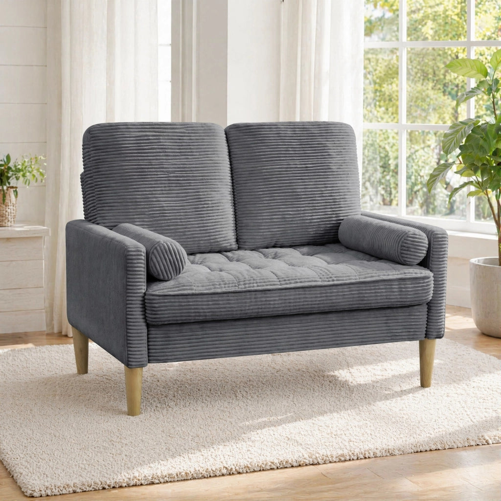 DIVANO 2 posti in tessuto grigio con gambe in legno, 107 cm
