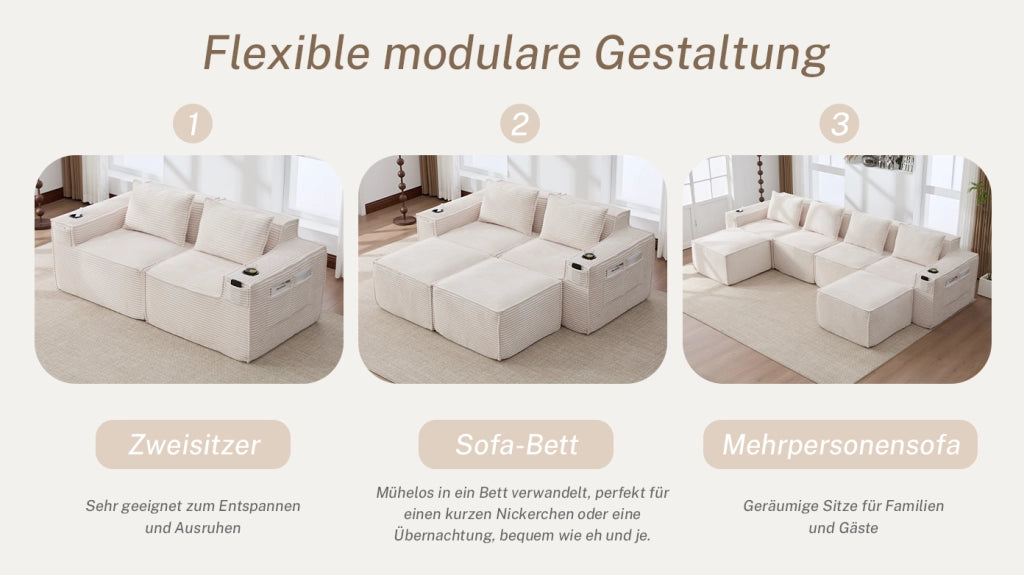 Divano modulare 2 posti in tessuto a coste con portabicchieri e tasche laterali beige 188 × 162 × 75 cm