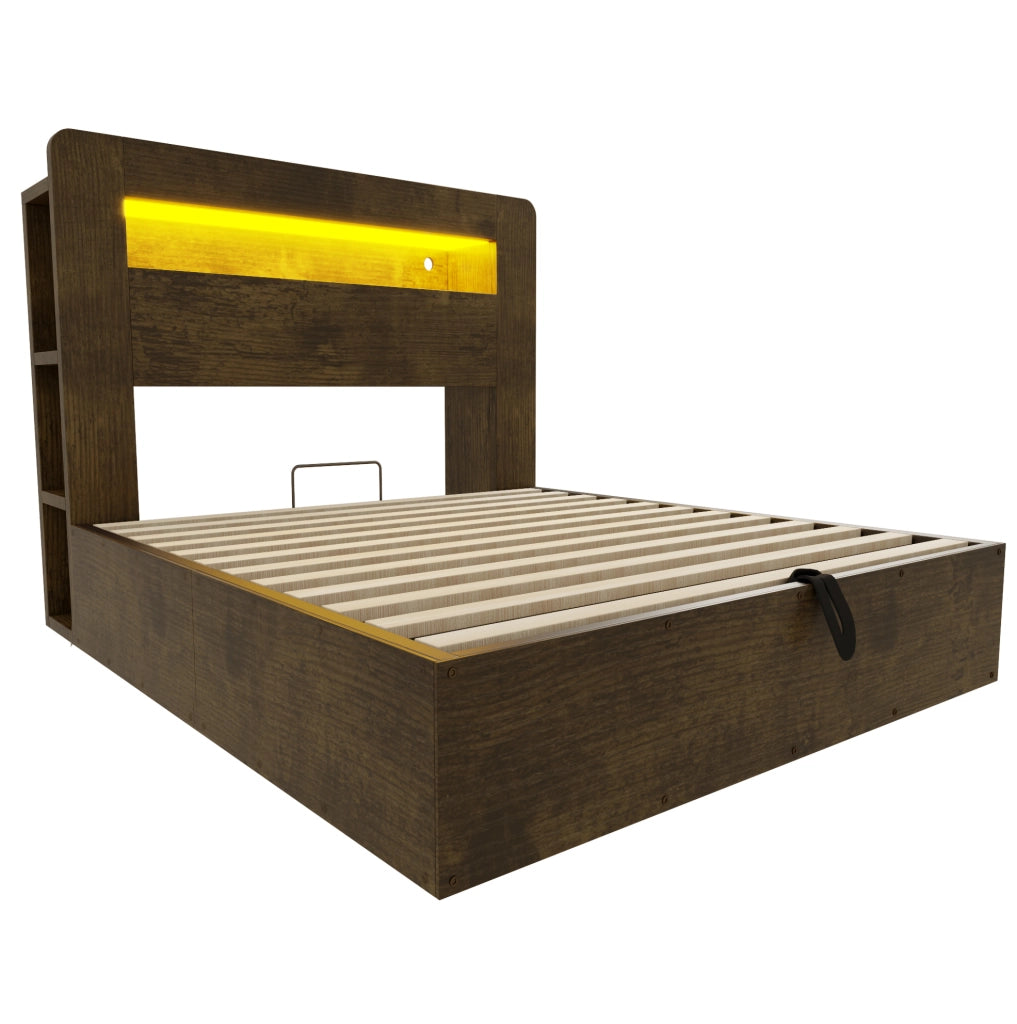Letto 140x200 cm con contenitore idraulico; LED e prese in legno colore naturale