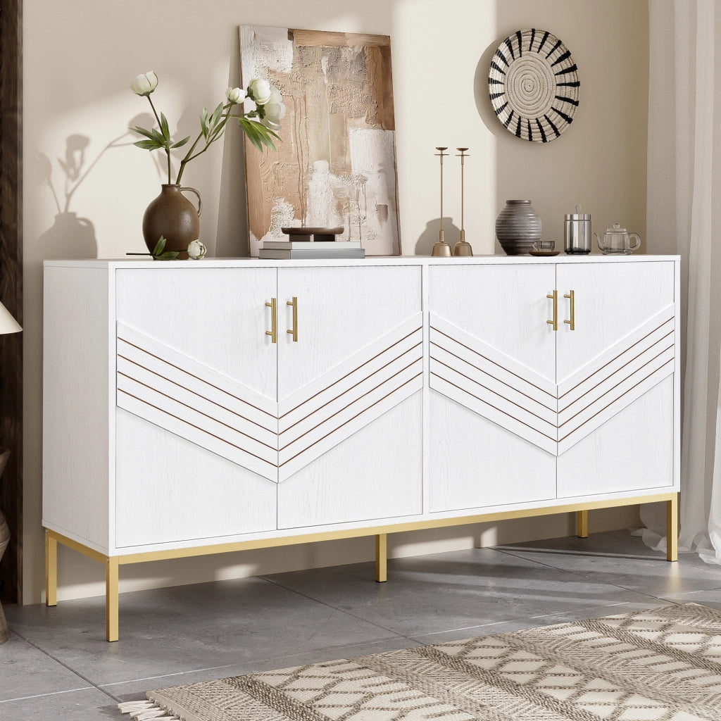 Credenza con 4 Ante e 2 Ripiani Regolabili; Design Geometrico Moderno; in MDF; 160??40??80;5 cm; Bianco