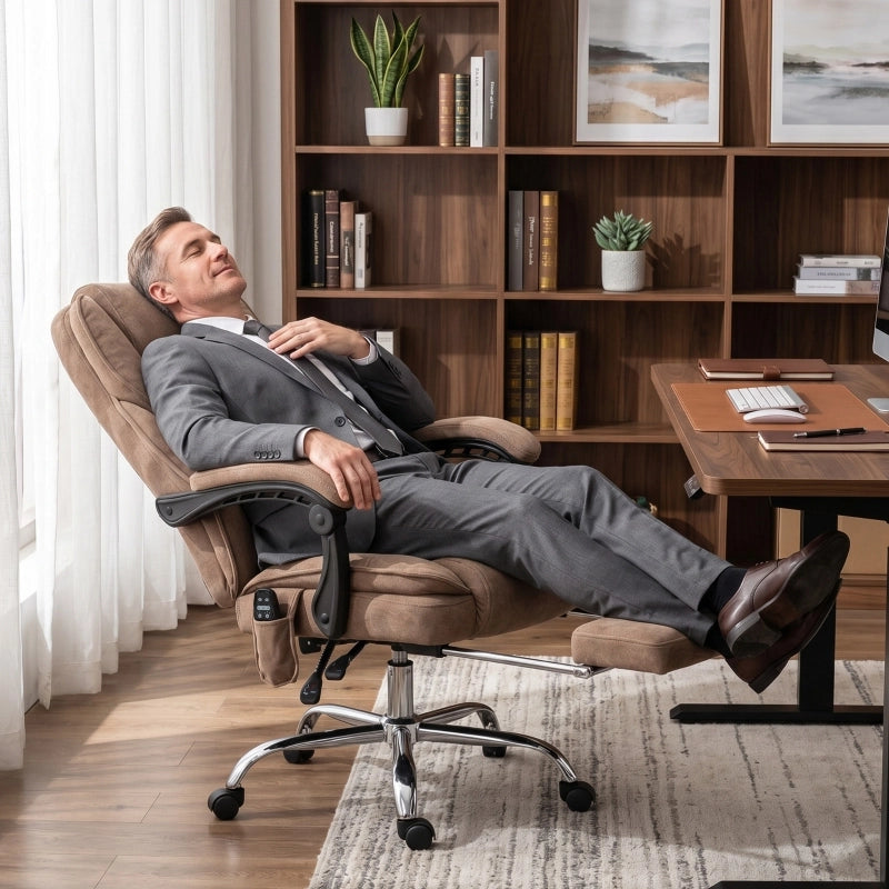 Sedia da ufficio ergonomica con funzione massaggio, poggiapiedi, girevole, con rotelle, marrone