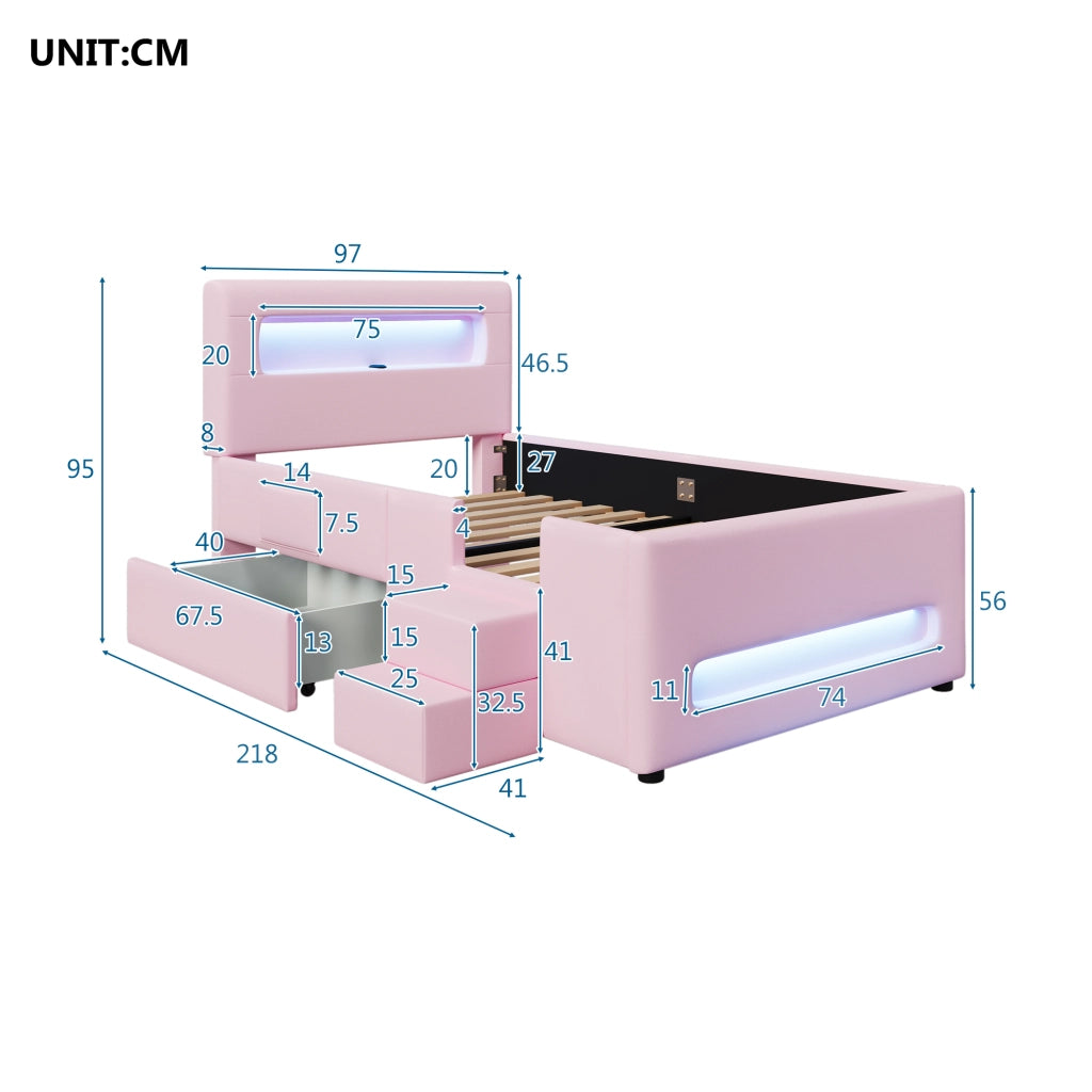 Letto a piattaforma imbottito 90x200 cm con LED; cassetto e rivestimento PU rosa