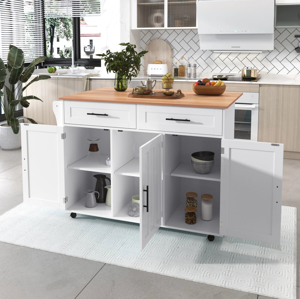 Carrello isola da cucina in MDF con piano pieghevole; 2 cassetti e 5 ruote; bianco e naturale