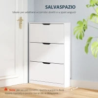 Scarpiera Slim a 3 Cassetti Ribaltabili con Intaglio Inferiore, in Legno, 80x17x108 cm, Bianco
