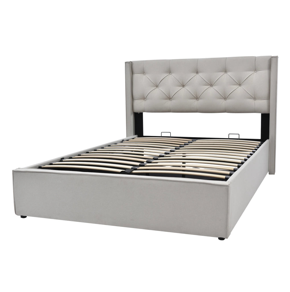 Letto matrimoniale imbottito con contenitore 140x200 cm in cotone grigio chiaro