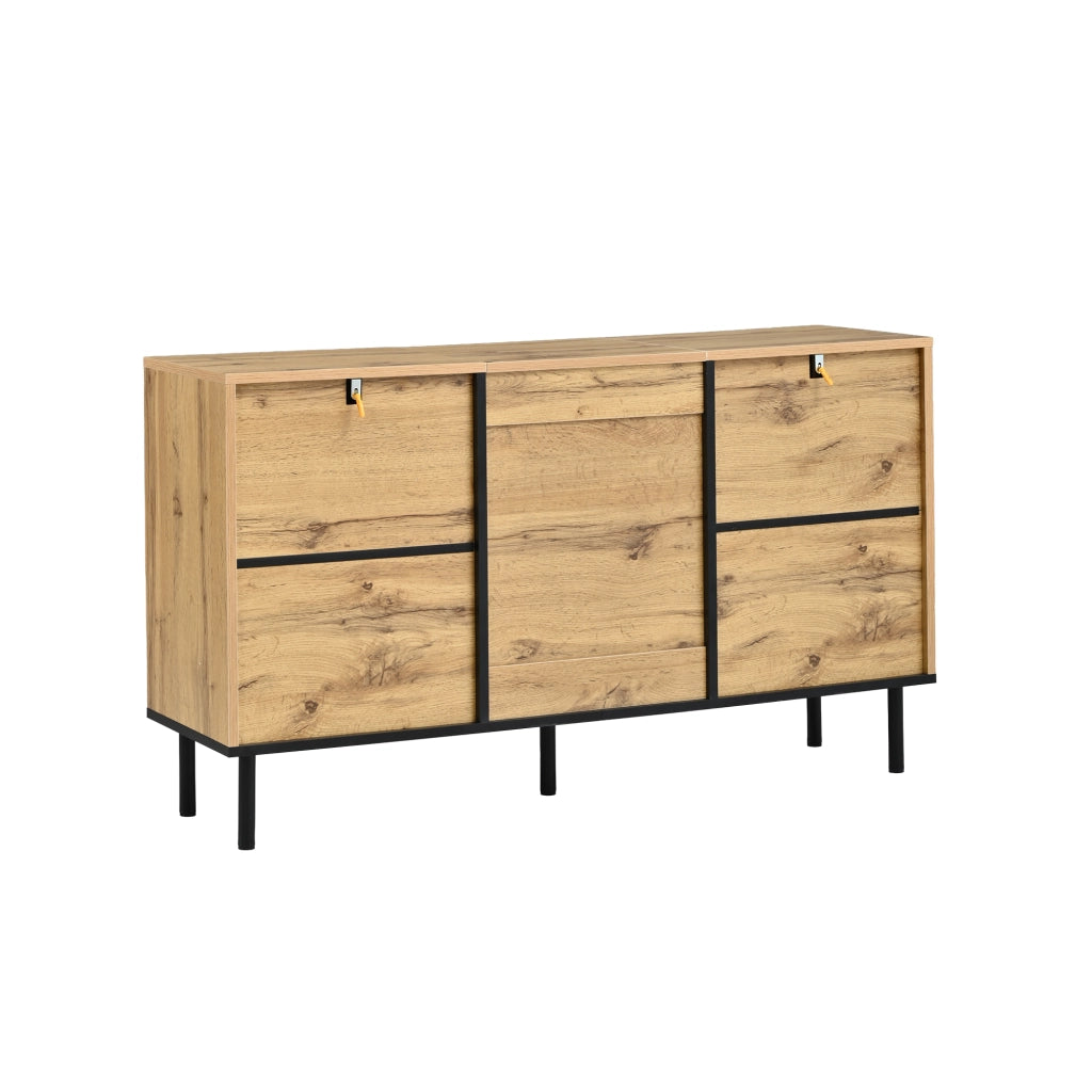 Credenza 120¡Á35¡Á68 cm con 3 ante push-open, motivo a onde, 6 vani, finitura effetto legno, portata fino a 50 kg