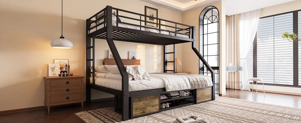 DESMIU Letto a castello per bambini 90 × 200 cm e 140 × 200 cm con scarpiera, vani, senza materasso, nero