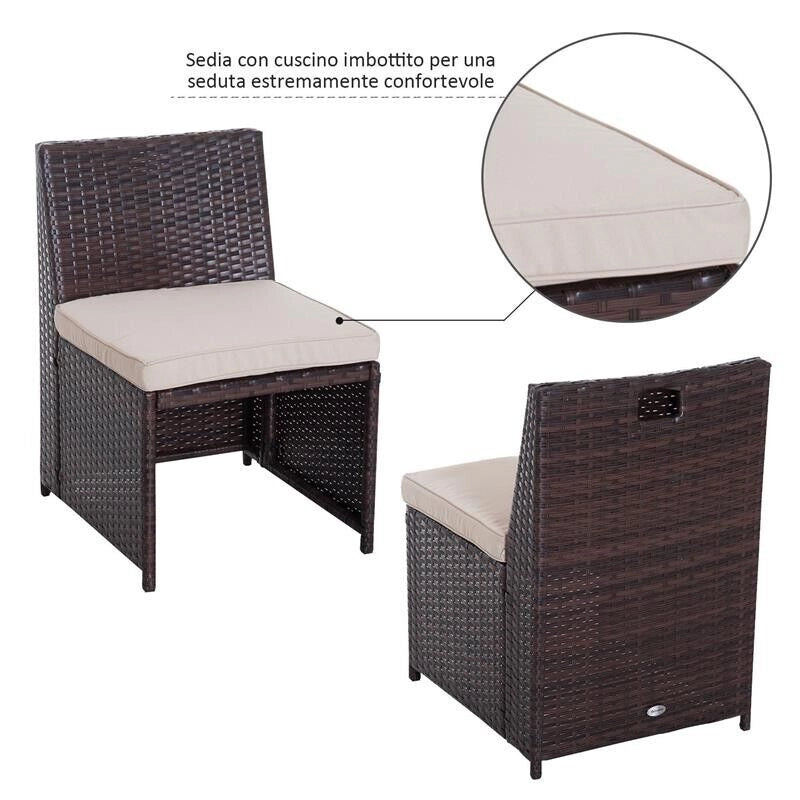 SET MOBILI DA GIARDINO IN RATTAN 5PZ TAVOLO PRANZO 4 SEDIE CON CUSCINI