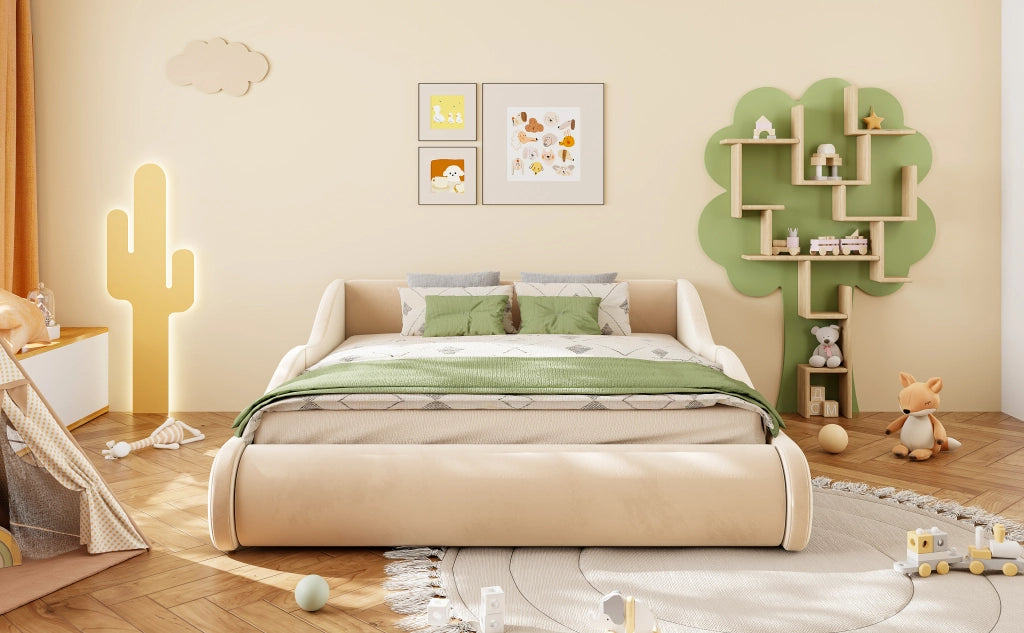 Letto imbottito per bambini con testiera alta e sponde, 140x200 cm, velluto beige