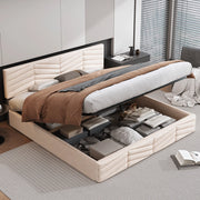 Letto imbottito matrimoniale in velluto beige con testiera regolabile, contenitore e rete a doghe 180x200 cm