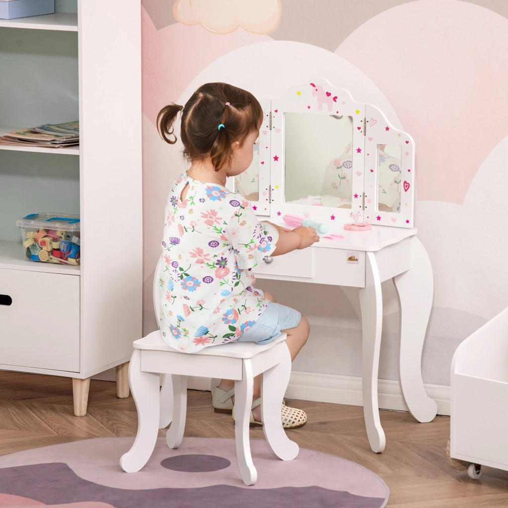 EasyComfort Toeletta per Bambini con Sgabello, Tavolo Trucco con Triplo Specchio e Cassetto, 63x40x85.5cm, Bianco