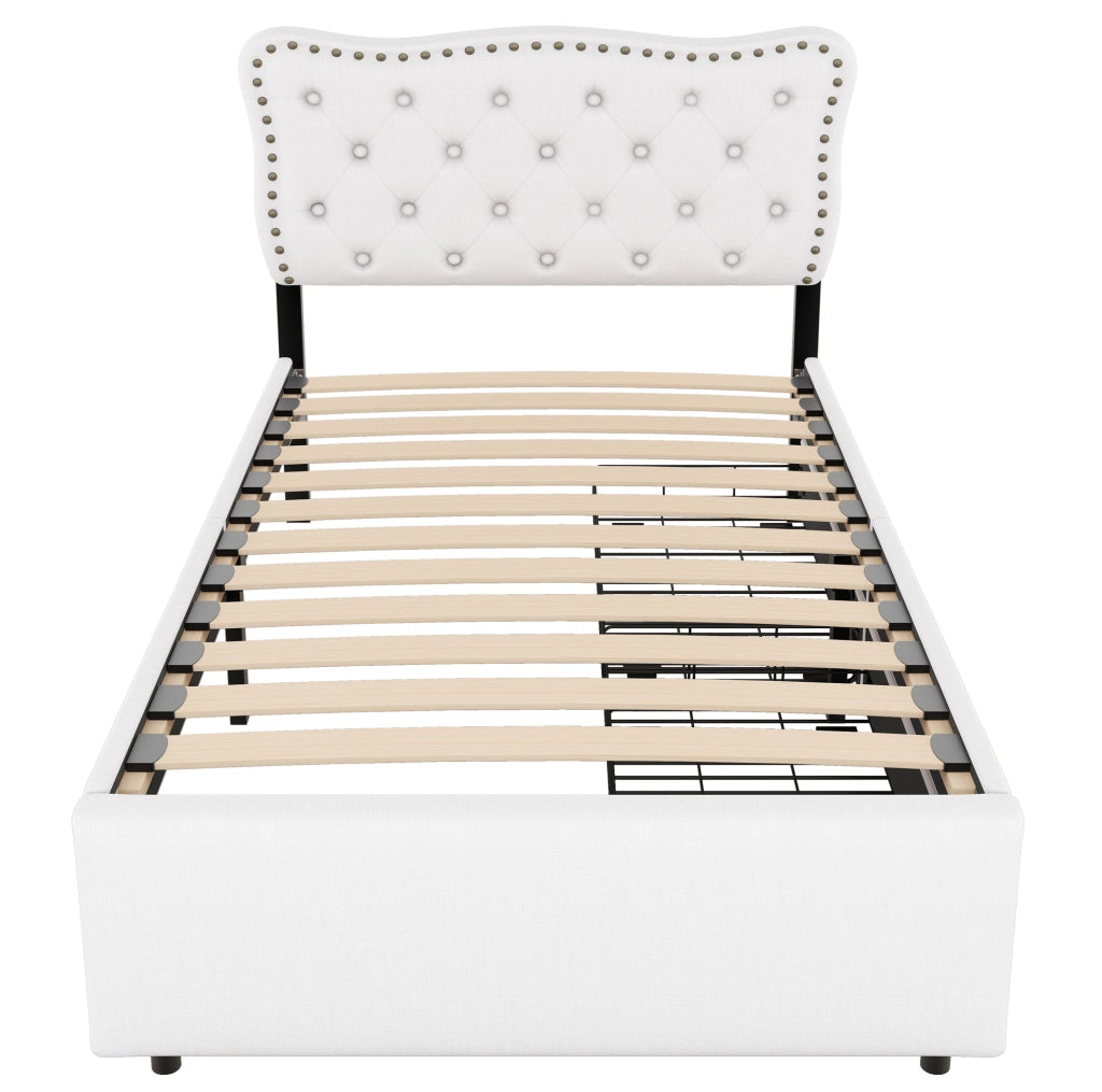 Letto imbottito 90x200 cm beige chiaro con cassetti doppi e decorazioni con borchie