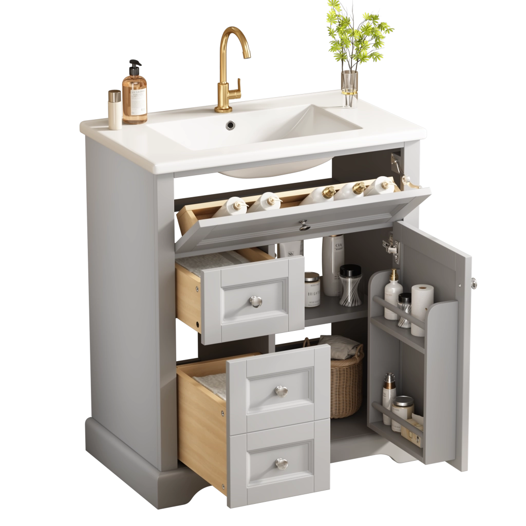 Mobile sottolavabo con lavabo in ceramica, 1 anta, 3 cassetti e ripiani, per bagno, grigio, 76 × 46 × 87 cm