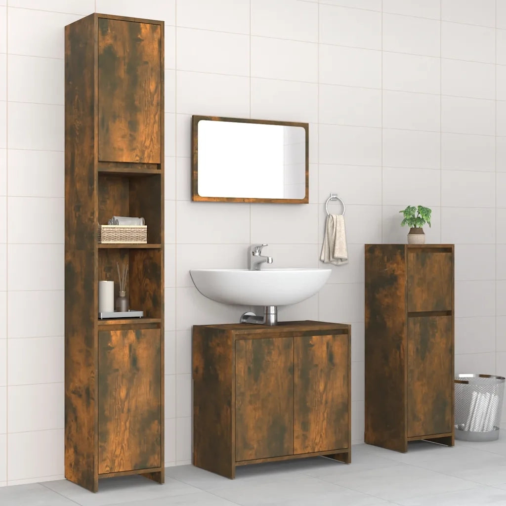 Set Mobili da Bagno | Armadio da bagno 4 pz Rovere Fumo in Legno Multistrato