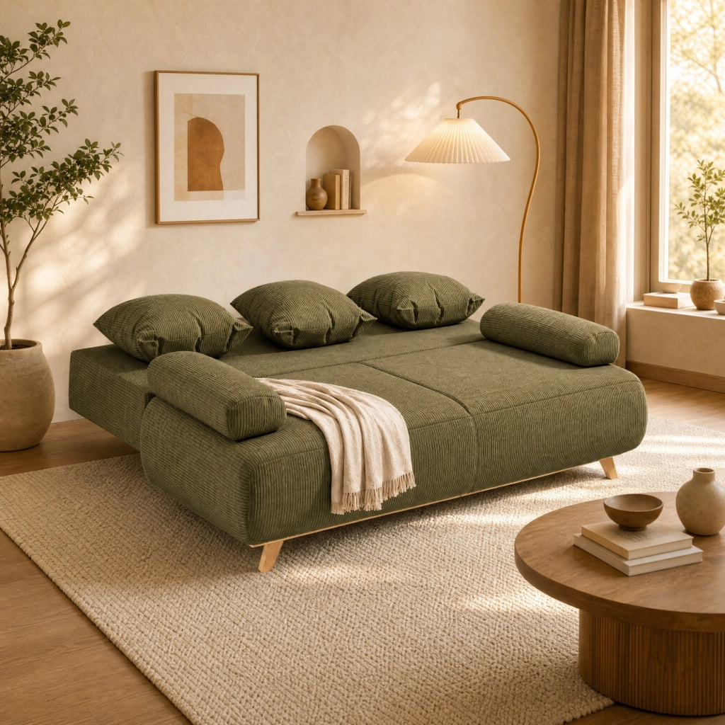 Divano letto 188x100x84 cm verde scuro con contenitore integrato –