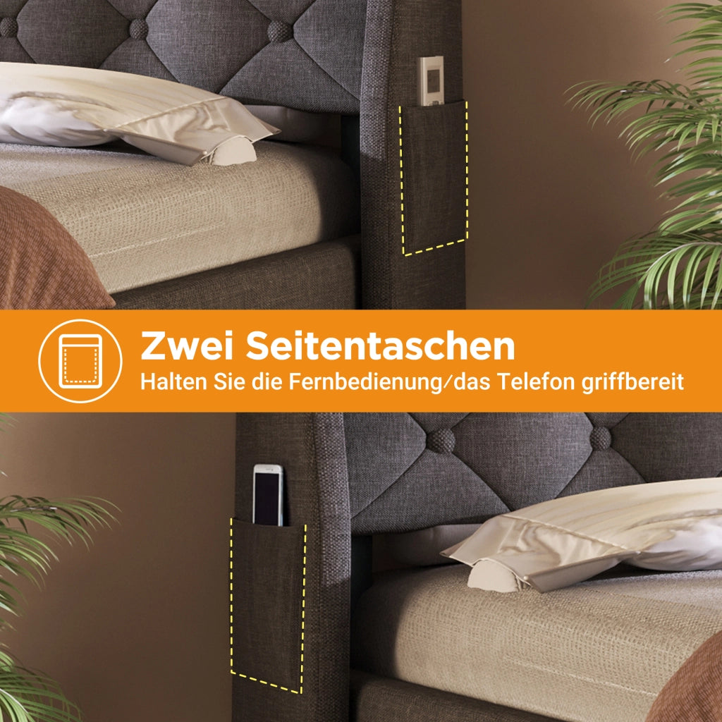Letto in lino grigio 140x190 vano idraulico testiera LED 4 porte di ricarica doghe