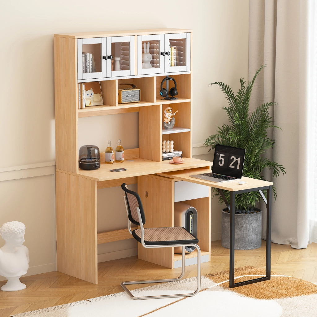 Scrivania lineare con libreria alta, ante in acrilico, cassetti e vani aperti, per studio e ufficio, 180 cm