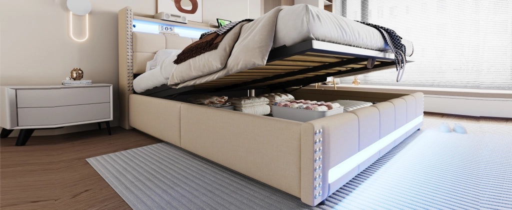 DESMIU Letto Imbottito 180 × 200 cm 2 posti con LED, USB, ripiani e contenitore, senza materasso, in lino, beige
