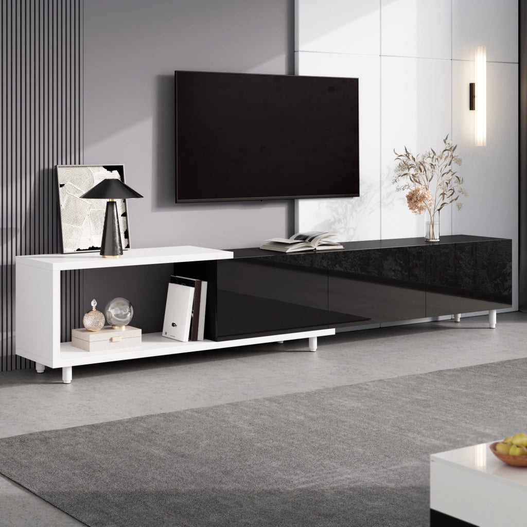 Mobile TV allungabile con 3 ante e vani aperti - per soggiorno - in truciolare e MDF - 258×38×48.5 cm - nero e bianco