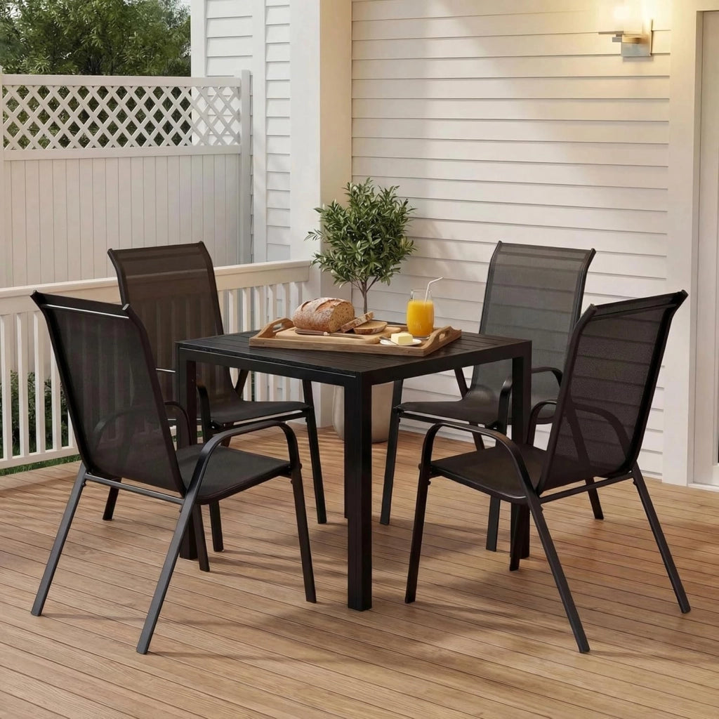 Set di mobili da giardino, 5 pezzi, con 4 poltrone impilabili e 1 tavolo quadrato WPC, mobili da balcone, mobili da terrazza per tutte le stagioni, terrazza, giardino ed esterni