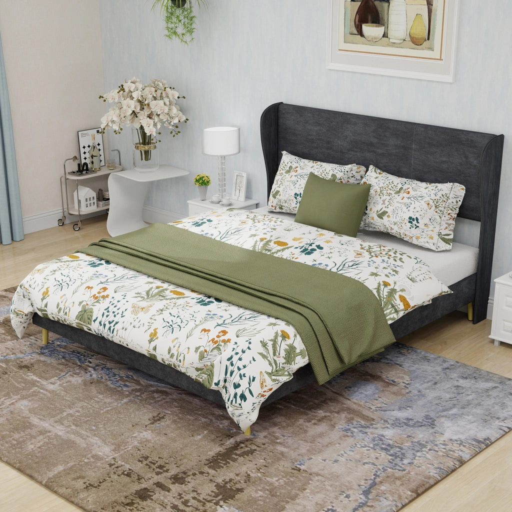 Letto Matrimoniale 140 x 200 cm con Testiera Imbottita; Tessuto e Metallo; Grigio