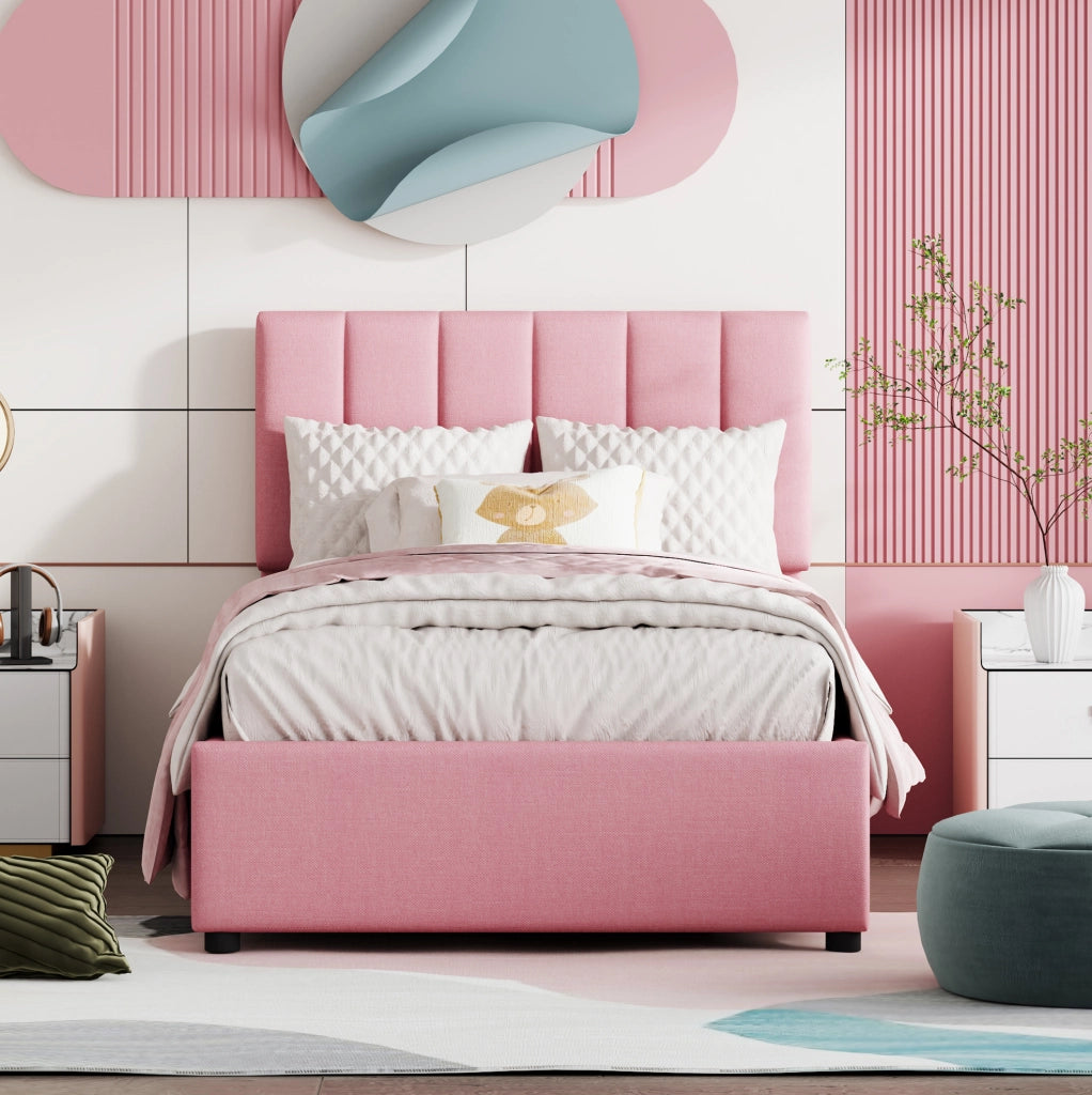 Letto per bambini 90x200 cm con contenitore idraulico in lino rosa e struttura in MDF
