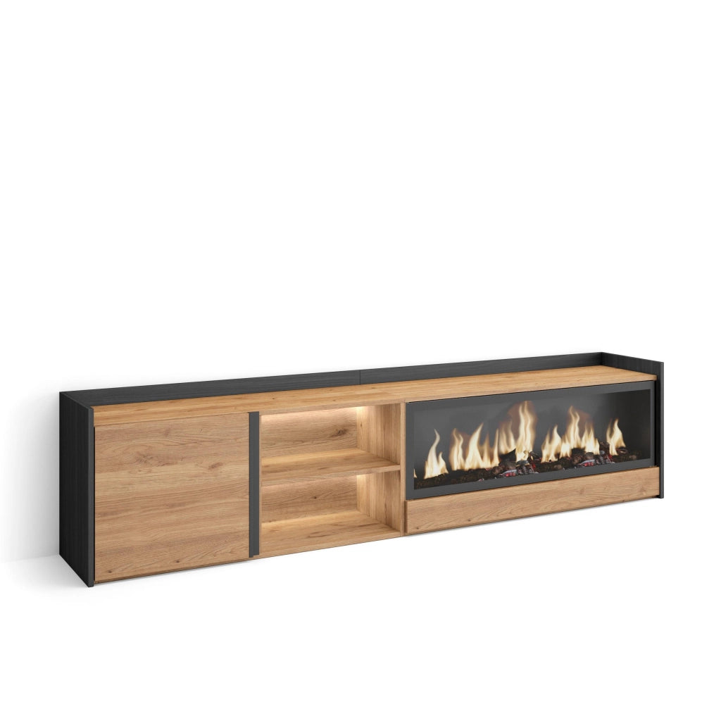 Mobile TV Soggiorno, 212x50x35 cm, Per TV fino a 80", Camino elettrico XXL, LED, Rovere e nero