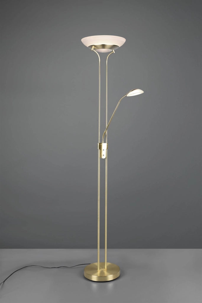 ORSON PIANTANA OTTONE SATINATO LED 6W 600lm, 3000K- 28W 3200lm, 3000K CON LAMPADA DA LETTURA CON FUNZIONE DIMMER ED ACCENSIONI SEPARATE H. 180CM