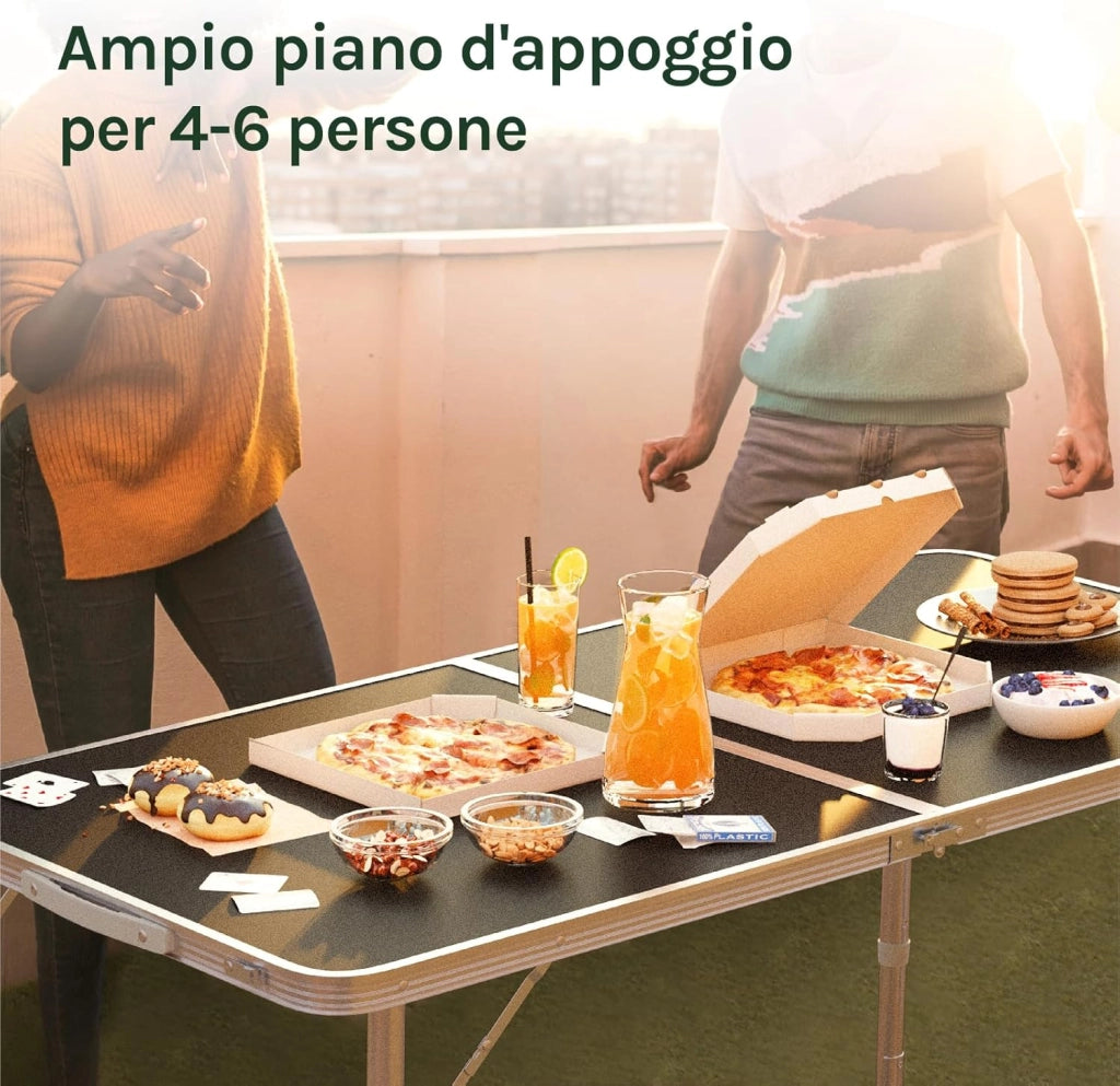 Tavolo da Campeggio Pieghevole Portatile con Maniglia per Picnic Giardino Altezza Regolabile in Alluminio MDF 120x60x55/70cm
