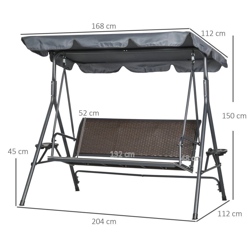 Easycomfort Dondolo da Giardino 3 Posti in Rattan PE e Acciaio con Tettuccio Regolabile e Portabicchieri, 204x112x150 cm