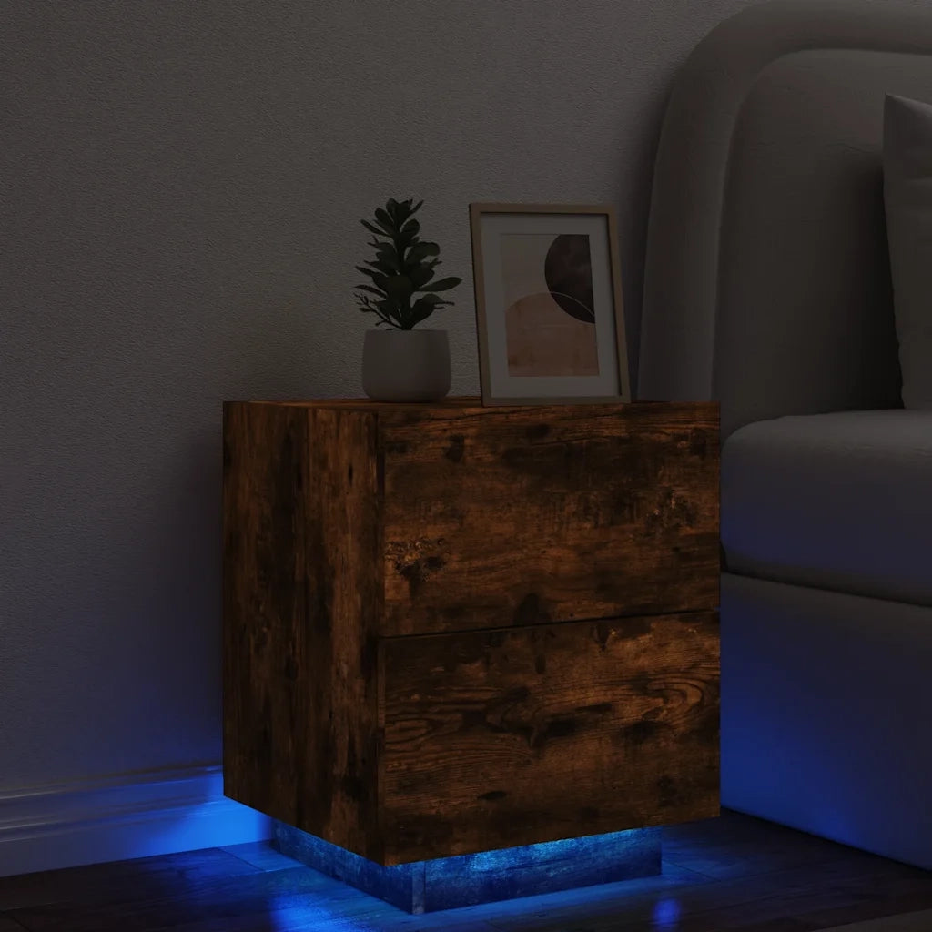 Comodino | Armadio da Notte | Mobiletto da notte con Luci LED Rovere Fumo in Legno Multistrato