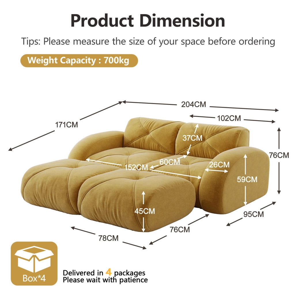 Divano modulare a 2 posti con pouf e comfort in chenille senza telaio giallo 204 × 171 × 76 cm