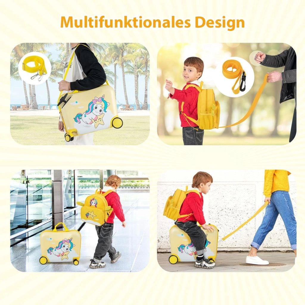 Set di Valigia Cavalcabile 18’’ + Zaino 12’’ per Bambini 2 Pezzi, Bagagli 2-in-1 di con Maniglia Telescopica e 4 Ruote, Trolley Bagaglio a Mano e Zaino per Bambini (Giallo Unicorno-C)