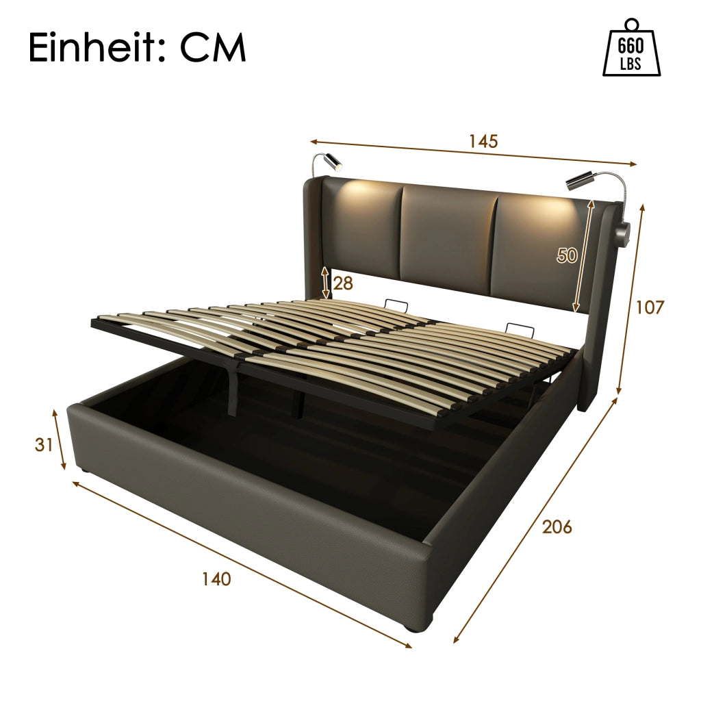 Letti contenitori 140x200 cm; luce da lettura e ricarica USB; PU grigio (Senza materasso)