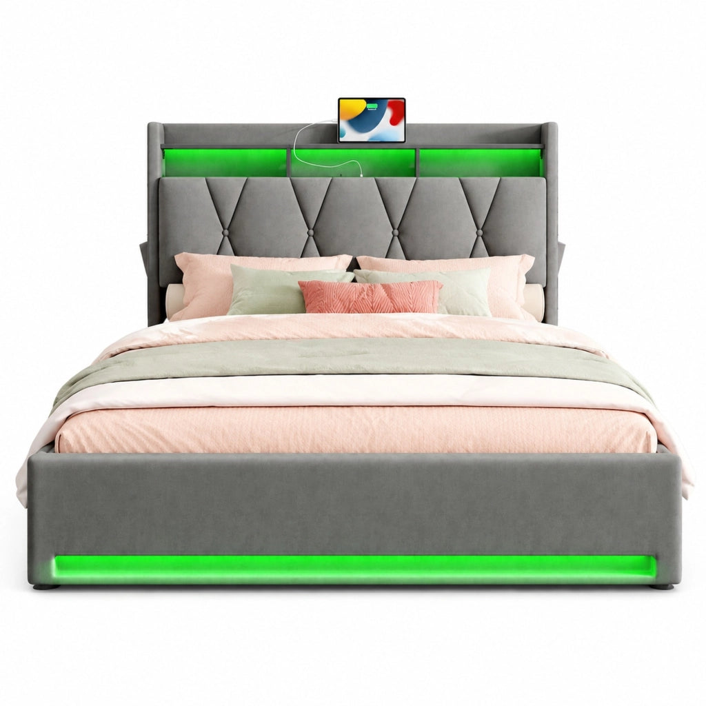 Letto imbottito 140x200 cm con LED, USB-C e vano contenitore