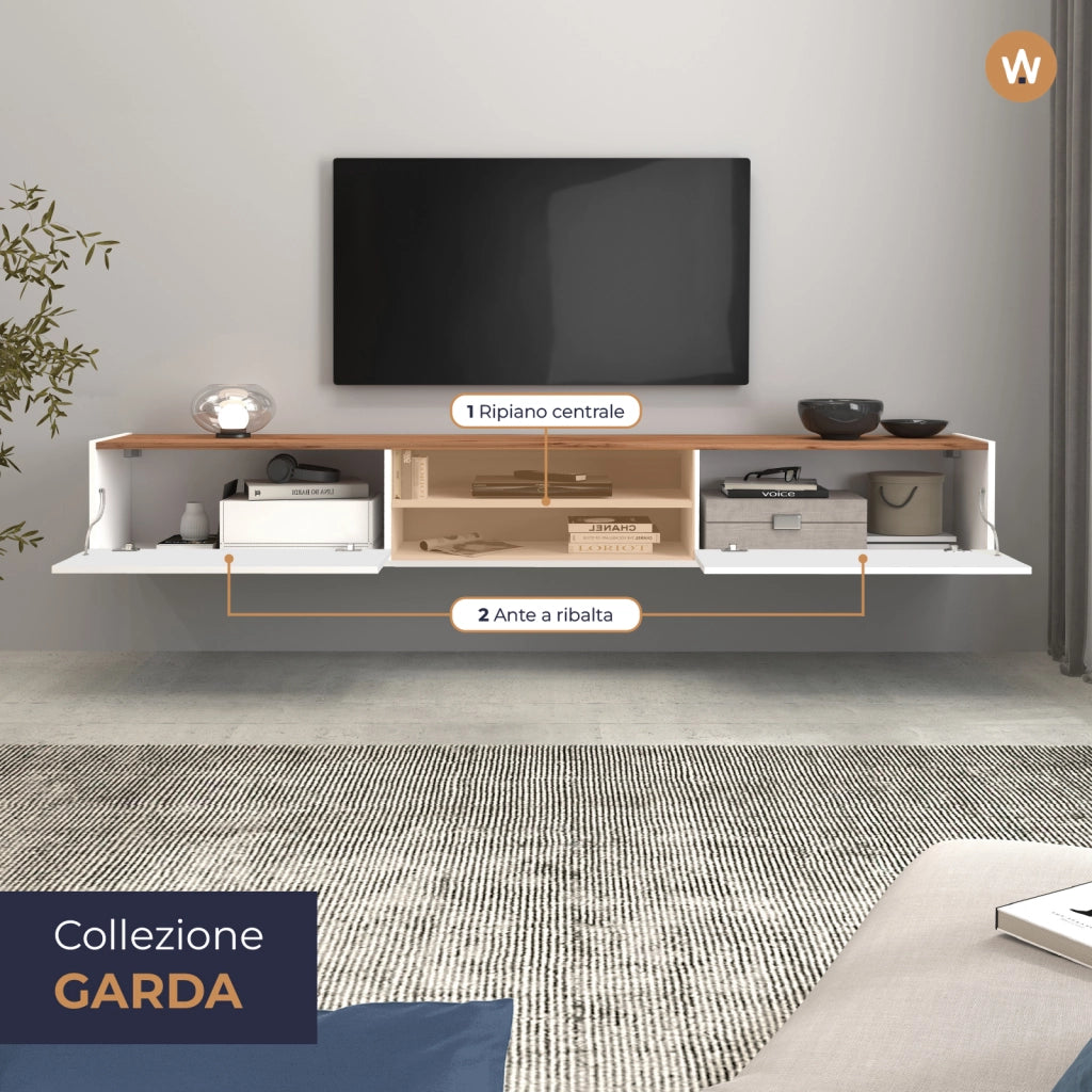 WHOUS Mobile porta tv Garda 2 ante e 1 ripiano centrale bianco lucido e rovere 210x35x30 cm