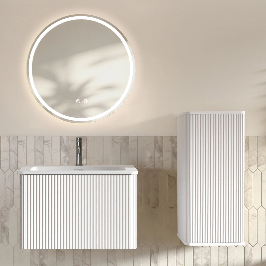 Mobile bagno con specchio LED e colonna sospesa con lavabo e spazio contenitore per bagno finitura bianco opaco